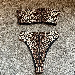 437 Leopard Print Bandeau Style High Waisted Thong Bikini